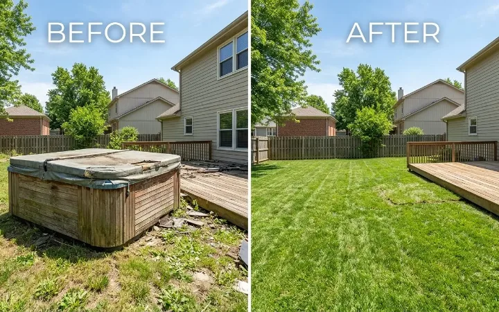 Hot tub removal before and after in a Kansas City backyard