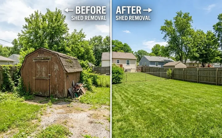 Shed removal before and after in a Kansas City backyard